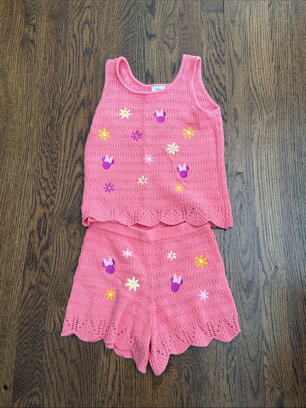 Kids Pink Crochet Tank and Shorts  Set with Minnie Mouse Embroidery